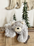 A gray bear lovey made by ClaraLoo with plush faux fur and crocheted accents.
