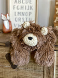 A plush brown bear lovey made by ClaraLoo with soft faux fur and a crochet muzzle and ears.